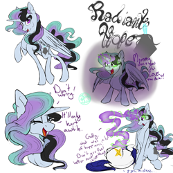 Size: 4000x4000 | Tagged: safe, artist:farewelldecency, imported from derpibooru, oc, oc only, oc:radiant hope, alicorn, pony, alicorn oc, dark magic, guard, magic, offspring, parent:king sombra, parent:princess celestia, parents:celestibra, reference sheet, reformed sombra, sombra eyes