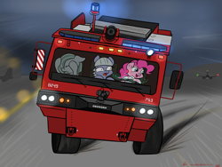 Size: 4000x3000 | Tagged: safe, artist:orang111, imported from derpibooru, limestone pie, marble pie, pinkie pie, drift, fire engine, hud, korean, oshkosh p-19, this will end in tears, truck, vehicle