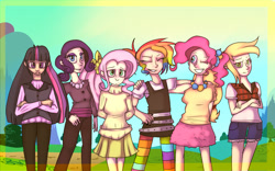 Size: 900x560 | Tagged: safe, artist:mariogamesandenemies, imported from derpibooru, applejack, fluttershy, pinkie pie, rainbow dash, rarity, twilight sparkle, human, clothes, humanized, sweater, sweatershy