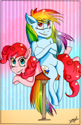 Size: 500x770 | Tagged: safe, artist:mariogamesandenemies, imported from derpibooru, pinkie pie, rainbow dash, sitting, stool