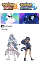 Size: 539x843 | Tagged: safe, artist:kianamai, imported from derpibooru, princess celestia, princess luna, alicorn, human, pony, humanized, needs more jpeg, pokémon, pokémon moon, pokémon sun, pokémon sun and moon, tumblr