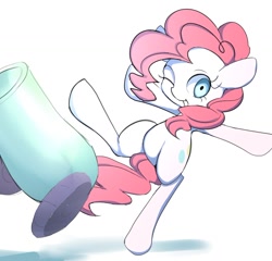 Size: 1024x985 | Tagged: dead source, safe, artist:skippy_the_moon, imported from derpibooru, pinkie pie, pony, bipedal, cute, diapinkes, female, one eye closed, party cannon, simple background, smiling, solo, white background, wink
