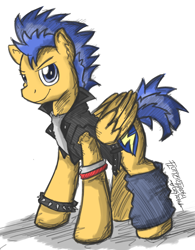 Size: 1158x1488 | Tagged: safe, artist:flutterthrash, imported from derpibooru, flash sentry, bracelet, clothes, equestria girls outfit, heavy metal, jacket, leather jacket, leg warmers, male, solo, spiked wristband