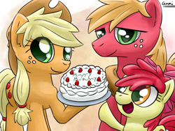 Size: 1024x768 | Tagged: safe, artist:gamijack, imported from derpibooru, apple bloom, applejack, big macintosh, earth pony, pony, birthday cake, cake, cute, food, happy birthday, male, open mouth, stallion