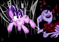 Size: 1280x914 | Tagged: safe, artist:paulpeopless, imported from derpibooru, starlight glimmer, bondage, crossover, gag, muffet, spider web, this will end in tears and/or death, undertale