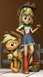 Size: 810x1440 | Tagged: safe, artist:vinuldash, imported from derpibooru, applejack, equestria girls, 3d, 3d model, apple, clothes, cowboy hat, crossed hooves, denim skirt, food, freckles, hat, human ponidox, looking at you, self ponidox, skirt, source filmmaker, stetson