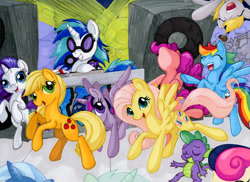 Size: 1024x744 | Tagged: safe, artist:jenkiwi, imported from derpibooru, applejack, bon bon, derpy hooves, dj pon-3, fluttershy, lyra heartstrings, pinkie pie, rainbow dash, rarity, spike, sweetie drops, trixie, twilight sparkle, vinyl scratch, alicorn, bird, dragon, earth pony, kiwi, pegasus, pony, unicorn, dancing, female, male, mane seven, mane six, mare, speaker, speakers, traditional art, turntable, twilight sparkle (alicorn)