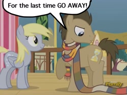 Size: 2048x1536 | Tagged: safe, edit, edited screencap, imported from derpibooru, screencap, derpy hooves, doctor whooves, time turner, pegasus, pony, slice of life (episode), angry, clothes, discovery family logo, female, mare, scarf, speech bubble