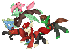 Size: 1880x1355 | Tagged: safe, artist:scarlet-spectrum, imported from derpibooru, oc, oc only, oc:bonfire, oc:melon shine, oc:swift streak, oc:velvet pastry, clothes, cosplay, costume, doctor who, engineer, pyro, simple background, soldier, team fortress 2, transparent background, velvetstreak