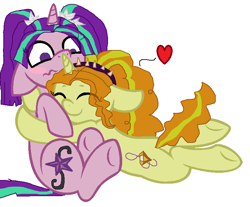 Size: 759x629 | Tagged: safe, artist:huskybtorchick, imported from derpibooru, adagio dazzle, aria blaze, pony, unicorn, equestria girls, rainbow rocks, adaria, blushing, equestria girls ponified, female, happy, hug, implied shipping, lesbian, ponified, shipping, smiling, tsundaria