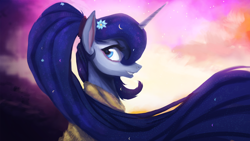 Size: 1920x1080 | Tagged: dead source, safe, artist:hierozaki, imported from derpibooru, princess luna, alicorn, pony, alternate hairstyle, female, flower, flower in hair, ponytail, smiling, solo