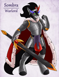 Size: 1275x1650 | Tagged: safe, artist:ambris, imported from derpibooru, king sombra, anthro, unguligrade anthro, unicorn, adventuring is magic, armor, colored pupils, grin, looking at you, male, red eyes, solo, sword, weapon