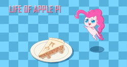 Size: 1810x961 | Tagged: safe, artist:chiptunebrony, imported from derpibooru, pinkie pie, abstract background, adorkable, alphabet, apple, apple pie, apple slices, cute, dork, filling, food, greek, greek alphabet, pi, pi day, pie, plate, pounce, puppy dog eyes, smiling, wallpaper