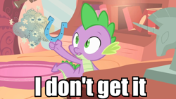 Size: 960x540 | Tagged: safe, imported from derpibooru, screencap, spike, owl's well that ends well, season 1, horseshoes, i don't get it, image macro, male, meme, solo