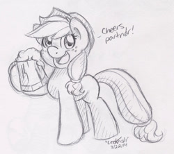 Size: 1280x1139 | Tagged: safe, artist:abbystarling, imported from derpibooru, applejack, alcohol, cider, food, monochrome, solo