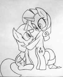 Size: 1024x1255 | Tagged: safe, artist:chrispy248, imported from derpibooru, rarity, twilight sparkle, alicorn, pony, bipedal, female, mare, monochrome, traditional art, twilight sparkle (alicorn)