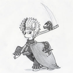 Size: 1200x1200 | Tagged: safe, artist:sensko, imported from derpibooru, bird, earth pony, pony, raven (bird), black and white, cloak, clothes, crossover, death of rats, discworld, female, grayscale, grim reaper, mare, monochrome, pencil drawing, ponified, quoth the raven, scythe, susan sto helit, traditional art