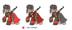 Size: 1200x500 | Tagged: safe, artist:cyrilunicorn, imported from derpibooru, ak-47, assault rifle, clothes, command and conquer, conscript, greatcoat, gun, hat, ponified, raised hoof, red alert, red alert 3, rifle, russian, simple background, soviet, translated in the description, trio, uniform, ushanka, weapon, white background