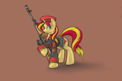 Size: 1800x1200 | Tagged: safe, artist:cyrilunicorn, imported from derpibooru, sunset shimmer, pony, unicorn, clothes, command and conquer, crossover, cutie mark, dragunov svd, female, gun, hat, hooves, horn, mare, natasha volkova, red alert, red alert 3, red eyes, rifle, simple background, sniper rifle, solo, soviet, soviet shimmer, uniform, video game, weapon
