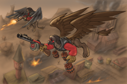 Size: 1800x1200 | Tagged: safe, artist:cyrilunicorn, imported from derpibooru, griffon, air raid, appleloosa, command and conquer, ponified, red alert, red alert 3, soviet, video game, weapon