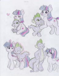 Size: 2550x3300 | Tagged: safe, artist:lacedra, imported from derpibooru, spike, twilight sparkle, twilight sparkle (alicorn), alicorn, pony, alternate hairstyle, baby dragon, baby spike, cute, female, filly, filly twilight sparkle, growing up, heart, hug, levitation, magic, mama twilight, mare, older, older spike, ponytail, rainbow power, spikabetes, spikelove, telekinesis, traditional art, twiabetes