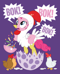 Size: 600x740 | Tagged: safe, artist:xkappax, imported from derpibooru, pinkie pie, chicken, animal costume, chicken pie, chicken suit, clothes, costume, egg, female, scootachicken, solo