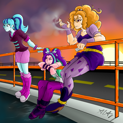 Size: 3000x3000 | Tagged: safe, artist:mutanobr, imported from derpibooru, adagio dazzle, aria blaze, sonata dusk, equestria girls, rainbow rocks, aftermath, cigarette, railing, smoking, sunset, the dazzlings