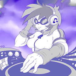 Size: 2000x2000 | Tagged: safe, artist:mutanobr, imported from derpibooru, dj pon-3, vinyl scratch, equestria girls, big breasts, breasts, busty vinyl scratch, female, headphones, monochrome, solo