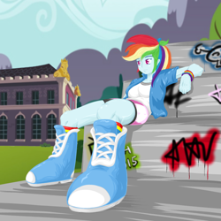 Size: 2000x2000 | Tagged: safe, artist:mutanobr, imported from derpibooru, rainbow dash, equestria girls, breasts, busty rainbow dash, canterlot high, female, graffiti, muscles, sitting, solo