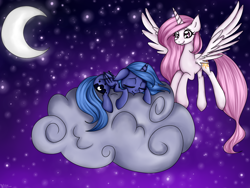 Size: 1600x1200 | Tagged: safe, artist:katkakakao, imported from derpibooru, princess celestia, princess luna, cloud, crescent moon, cute, eyes closed, floppy ears, flying, missing accessory, moon, night, pink-mane celestia, prone, s1 luna, sleeping, smiling, spread wings, stars, transparent moon, younger