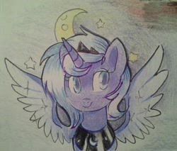 Size: 2082x1774 | Tagged: safe, artist:nam1x, imported from derpibooru, princess luna, female, moon, s1 luna, solo, spread wings, traditional art