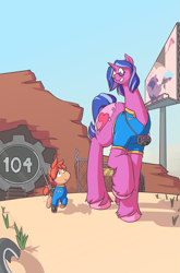 Size: 1015x1536 | Tagged: safe, artist:chibibiscuit, imported from derpibooru, oc, oc only, oc:cee biscuit, oc:tea biscuit, pony, fallout equestria, giant pony, giantess, growth, long neck, macro, tall