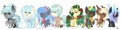 Size: 1739x432 | Tagged: safe, artist:peaceouttopizza23, imported from derpibooru, oc, oc only, oc:aurora borealis, oc:confetti creek, oc:crystal evergreen, oc:lacey glass, oc:opal falls, oc:pudding pop, oc:velveteen ribbon, oc:wren frost, deer, earth pony, hybrid, original species, pond pony, antlers, clothes, sweater