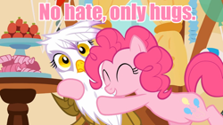 Size: 960x540 | Tagged: safe, imported from derpibooru, screencap, gilda, pinkie pie, griffon, hug, image macro, meme, pink text