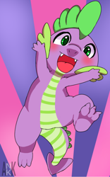 Size: 638x1024 | Tagged: safe, artist:wonton soup, imported from derpibooru, spike, dragon, baby, baby dragon, blushing, claws, cute, fangs, from below, jumping, male, open mouth, signature, solo, spikabetes