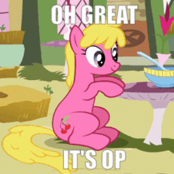 Size: 302x302 | Tagged: safe, edit, edited screencap, imported from derpibooru, screencap, cherry berry, earth pony, pony, too many pinkie pies, angry, animated, background pony, bowl, caption, cropped, female, looking back, mare, meme, op, reaction image, sitting, solo, table, text, upset