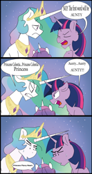 Size: 852x1605 | Tagged: safe, artist:cheerfulcolors, edit, imported from derpibooru, princess celestia, princess flurry heart, twilight sparkle, spoiler:s06, comic, dialogue