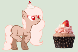 Size: 1364x912 | Tagged: safe, artist:thunderlist, imported from derpibooru, oc, oc only, oc:sweetiecream, earth pony, pony, base used, cupcake, cupcake pony, female, food, mare, smiling, solo, strawberry