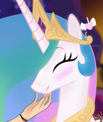 Size: 837x994 | Tagged: safe, artist:dragk, edit, imported from derpibooru, princess celestia, human, arm, blushing, chin scratch, cute, cutelestia, eyes closed, grin, hand, heart, petting, smiling