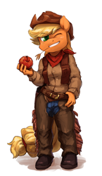 Size: 856x1477 | Tagged: safe, artist:audrarius, imported from derpibooru, applejack, anthro, apple, assless chaps, chaps, clothes, female, food, grin, simple background, solo, straw, white background, wink