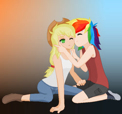 Size: 625x584 | Tagged: safe, artist:rarity-pie, imported from derpibooru, applejack, rainbow dash, human, appledash, female, humanized, kissing, lesbian, shipping