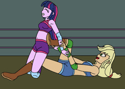 Size: 1024x728 | Tagged: safe, artist:avispaneitor, imported from derpibooru, applejack, twilight sparkle, equestria girls, belly button, equestria girls wrestling series, midriff, submission, submission hold, wrestling, wrestling ring