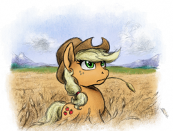 Size: 800x609 | Tagged: safe, artist:hewison, imported from derpibooru, applejack, earth pony, pony, female, hay stalk, looking up, mare, solo