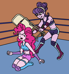 Size: 701x748 | Tagged: safe, artist:avispaneitor, imported from derpibooru, pinkie pie, suri polomare, equestria girls, belly button, chair, clothes, equestria girls wrestling series, female, folding chair, midriff, sports bra, steel chair, this will end in tears and/or death, wrestling, wrestling ring