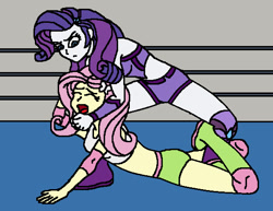 Size: 564x436 | Tagged: safe, artist:avispaneitor, imported from derpibooru, fluttershy, rarity, equestria girls, clothes, equestria girls wrestling series, midriff, sports bra, submission, submission hold, wrestling, wrestling ring