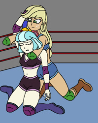 Size: 770x968 | Tagged: safe, artist:avispaneitor, imported from derpibooru, applejack, coco pommel, equestria girls, belly button, chokehold, choking, clothes, equestria girls wrestling series, equestria girls-ified, midriff, sports bra, wrestling, wrestling ring