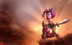 Size: 1920x1200 | Tagged: safe, alternate version, artist:dfectivedvice, artist:vest, imported from derpibooru, pinkie pie, anthro, abs, colored, ear fluff, female, helmet, heroic posing, patreon, patreon logo, pi, protection, shield, solo, sword, wallpaper, weapon