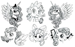 Size: 1280x807 | Tagged: safe, artist:talonsword, imported from derpibooru, apple bloom, princess celestia, princess luna, scootaloo, spike, sweetie belle, cutie mark crusaders, gem, grayscale, monochrome, sketch