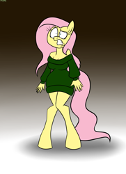 Size: 1127x1554 | Tagged: safe, artist:mofetafrombrooklyn, imported from derpibooru, fluttershy, anthro, cleavage, clothes, female, shoulderless, solo, sweater, sweater dress, sweatershy