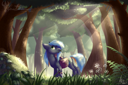 Size: 1024x682 | Tagged: safe, artist:gonedreamer, imported from derpibooru, oc, oc only, oc:rain dancer, earth pony, pony, crepuscular rays, eating, forest, horses doing horse things, mouth hold, saddle bag, solo